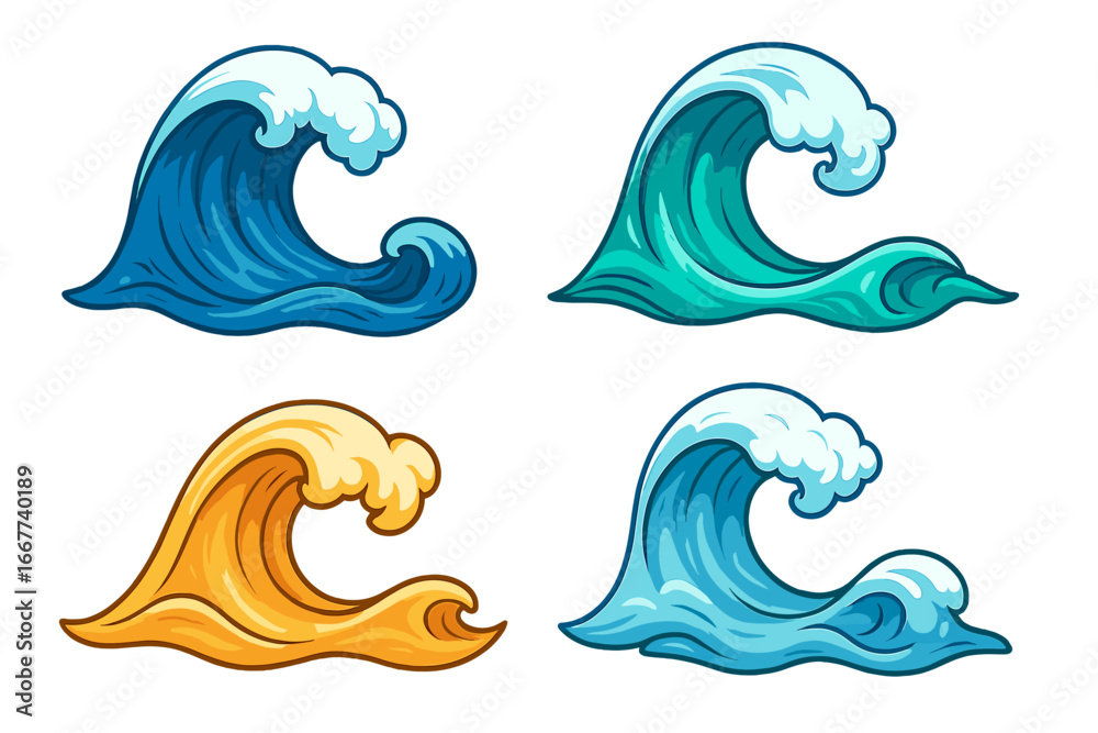 Fototapeta premium Unique stylized waves in vibrant colors, vector set of 4 cartoon ocean wave designs, beach theme, surf, sea illustration, dynamic water splash, coastal elements, marine art
