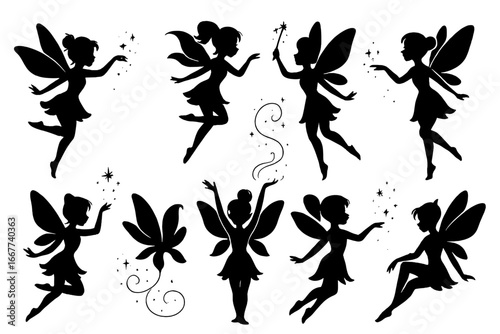 Whimsical fairy silhouettes dancing and posing with magical sparkles, enchanting cartoon fairy vector set, fantasy winged creatures, mystical fairy illustrations on transparent background
