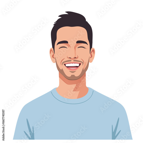 Smiling man with short dark hair wearing light blue shirt cheerful expression vector illustration 