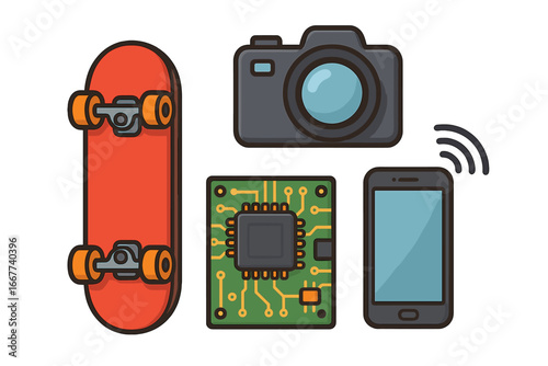 Gadget collection with skateboard, camera, circuit board, smartphone. Wireless technology icon set. Vector cartoon illustration for hobbies, electronics, modern lifestyle.