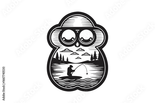 Silhouette Figure Fishing Rod On Grass with White Background