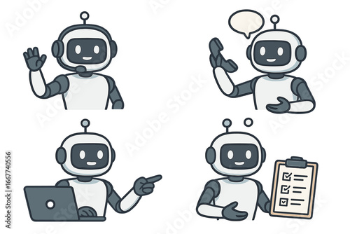 Friendly Robot Customer Service Vector Illustrations, Technology Communication Support, AI Chatbot, Virtual Assistant, Cartoon Robot with Headset, Laptop, Phone, and Checklist