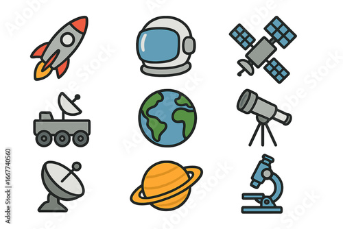Various icons representing space exploration, advanced technology, scientific research, astronomy, and space science in a simple vector cartoon design on transparent background