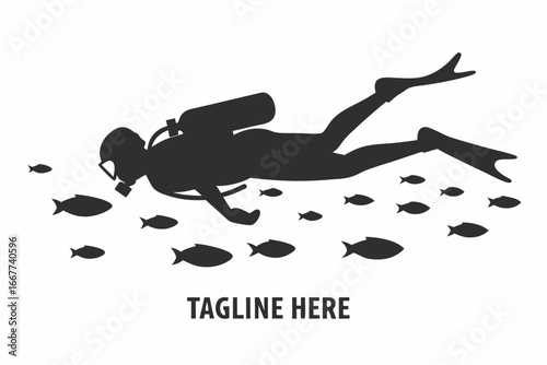 Silhouette Diver with Fishes on White Background