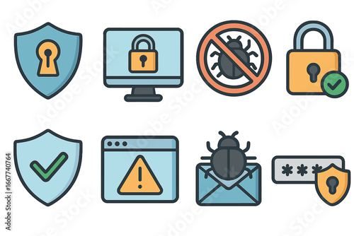 Various Security Icons Representing Online Safety, Cybersecurity, Malware Protection, Antivirus, Internet Security, Privacy Shield, Password Protection, Digital Safety Vector Cartoon Illustration