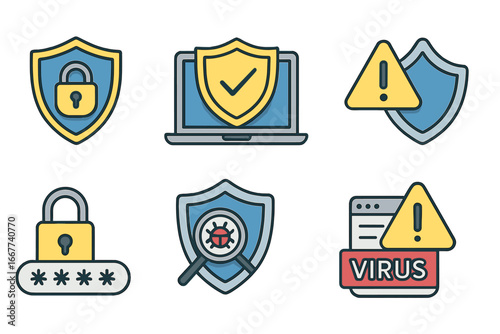 Various security icons representing online safety, data protection, malware defense, antivirus alerts, password security, and threat detection in modern vector cartoon style on transparent background