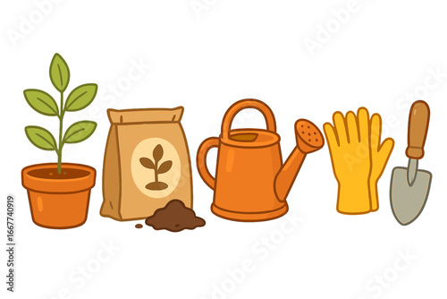 Gardening tools and supplies vector illustration set. Equipment for planting and horticulture: seedling in pot, soil bag, watering can, gloves, and trowel for a hobby.