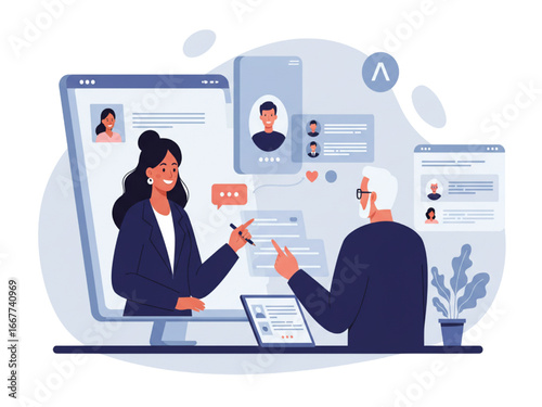 Virtual Job Interview with Artificial Intelligence Assistance Vector Illustration - AI generative tools for human resources concepts.