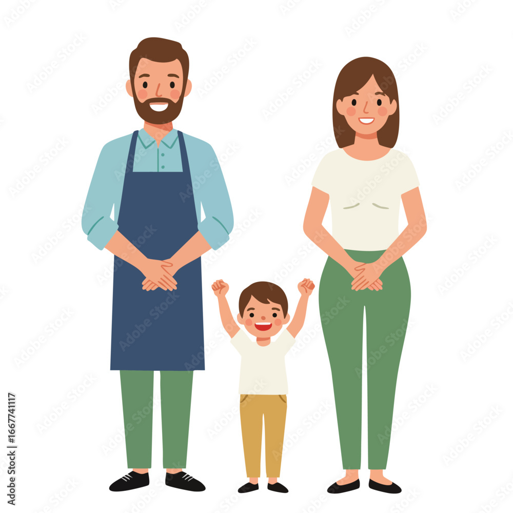 Obraz premium Family with smiling father mother and happy child standing together in casual clothes vector illustration 