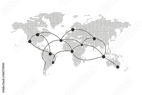 Global network connection concept. World map with nodes and lines. Dotted silhouette of earth. Logistics, data, travel, and communication routes. Vector illustration.