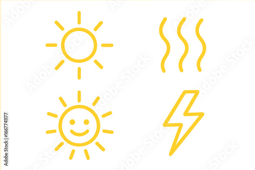 Yellow sun and warmth symbols set, minimalist energy icons, cartoon vector illustration, radiant sun with smile, heat waves and lightning bolt design, transparent background