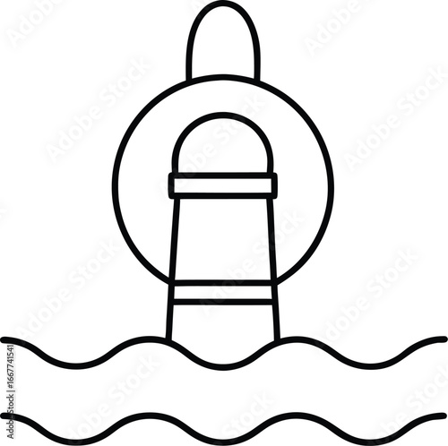 Vector art of line art of a lighthouse with a life preserver ring, standing in wavy water