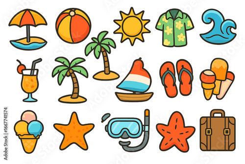 Summer vacation icons collection, beach and tropical summer symbols, colorful cartoon vector set with palm trees, sun, waves, ice cream, flip flops, snorkeling gear, and travel suitcase