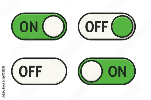 Switch toggle buttons ON OFF vector isolated web elements, mobile app interface controls, stock vector cartoon illustration of UI sliders with transparent background