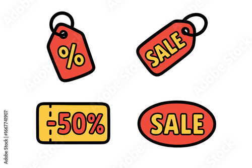 Discount and Sale Tag Icons Set, Vector Cartoon Illustration of Price Tags, Percentage Discounts, Coupons, and Special Offers with Transparent Background, Marketing Graphics