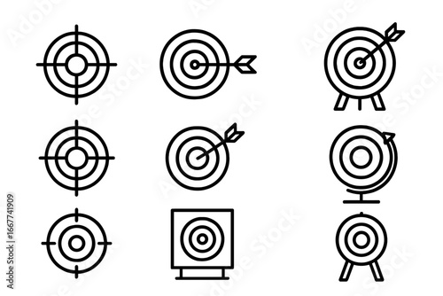Target icon set with aim, bullseye, goal symbols collection, vector outline style, cartoon illustration, transparent background, precision, accuracy, archery, success concepts