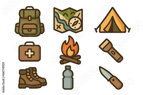 Camping and hiking icon set. Outdoor adventure and travel equipment collection. Backpacking gear essentials for survival, exploring nature and tourism. Line vector symbols.