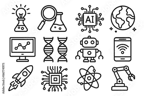 Innovative technology and science icon set with lab research, AI, robotics, DNA, space rocket, data analysis, digital microchip, atom, mobile network, and automation line art vector illustrations