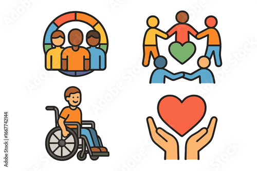 Inclusivity and diversity icon set. Community, teamwork, and social support concepts. Person with disability in wheelchair. Charity, love, and unity symbols. Vector graphics.