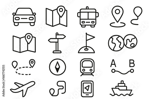 Transportation and Navigation Icon Set, Travel and Transit Line Art Collection, Vector Cartoon Illustrations with Transparent Background, Maps and Directions Symbols
