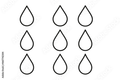Water drop icon outline set, raindrop silhouette collection, vector icons, simple water droplets, liquid symbols, clean line art, transparent background, ordered set, minimalistic design