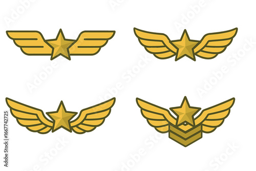 Military wing with star icon, army badge wings symbol, gold winged star emblem, air force insignia, aviation rank badge collection, vector cartoon illustration
