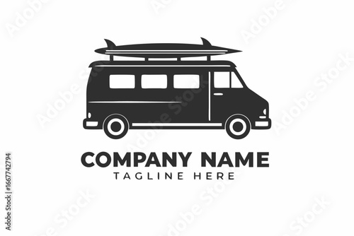 Retro Van with Surfboard on Top, Black and White Vehicle on White