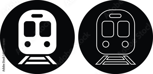 Train icon set flat, outline styles. Subway metro locomotive railway vectors, underground transit elements. Public transportation silhouette, passenger commute illustration on transparent background.
