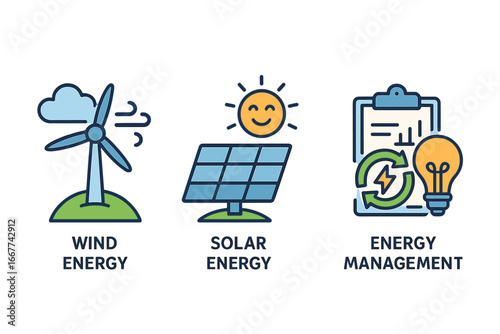 Renewable energy icon set with wind turbine, solar panel and energy management symbols. Vector line art illustration for green power, sustainability and eco friendly tech.