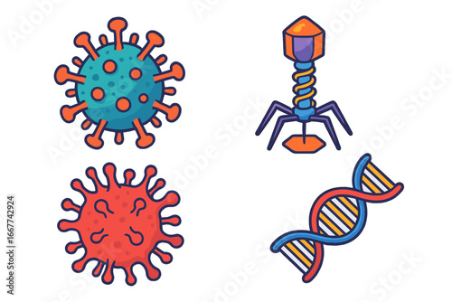 Virus icon set. Coronavirus, bacteriophage and DNA helix collection. Vector illustration for microbiology, virology, genetics, and medical research. Biological concept.