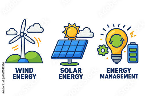 Set of renewable energy icons. Wind turbine for wind power, solar panel for solar energy, and battery for energy management. Green, eco, sustainable electricity concept.
