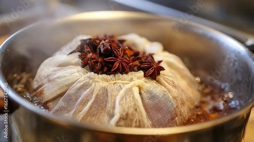 Herbal Infusion Process with Star Anise in Fabric Bag Steeping in Hot Liquid