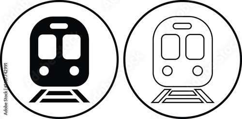 Train icon set flat, outline styles. Subway metro locomotive railway vectors, underground transit elements. Public transportation silhouette, passenger commute illustration on transparent background.