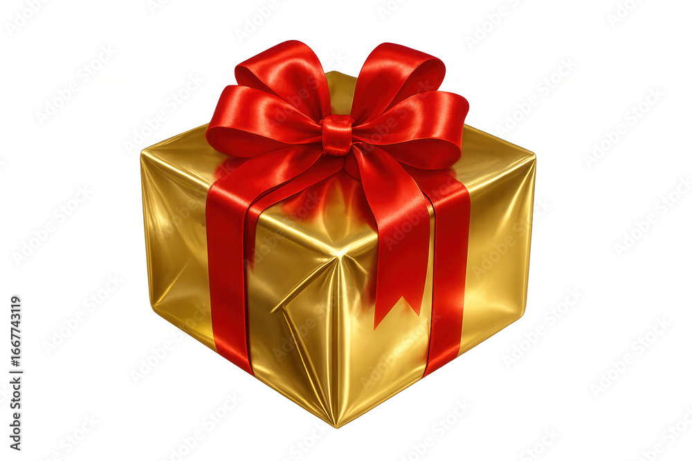 Fototapeta premium Shiny gold gift box wrapped with a red ribbon, perfect for celebrations and special occasions, with transparent background