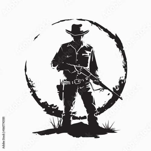 Western Ranger Cowboy Silhouette with Rifle Standing in Classic Pose Vector image