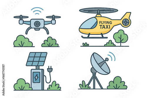 Future technology icon set. Urban air mobility, flying taxi, drone delivery. EV charging station with solar panel energy. Satellite communication dish. Vector flat cartoon illustration.