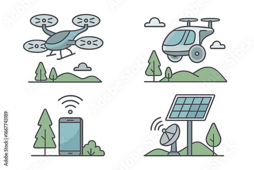 Future technology vector icon set. Drone delivery, flying car, air transport, mobile communication signal, solar panel, satellite dish. Innovation and renewable energy concept.
