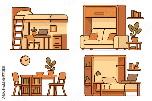 Space saving furniture vector set. Multifunctional interior design elements. Loft bed, murphy bed with sofa, desk. Innovative compact furniture for tiny apartment cartoon icon.