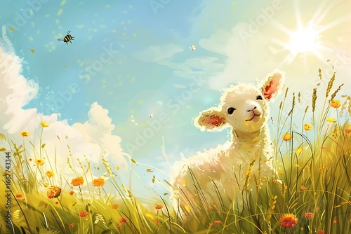Wallpaper Mural Adorable fluffy lamb enjoys sunny meadow filled with wildflowers and gentle buzzing bees Torontodigital.ca