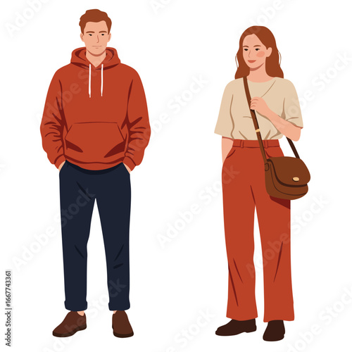 Casual young man in hoodie and young woman with crossbody bag standing together in relaxed style vector illustration 