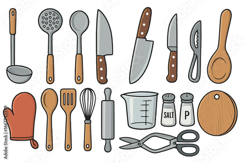 Kitchen utensils and chef tools set. Vector cartoon icons for cooking. Culinary equipment collection with knife, spoon, whisk, rolling pin for food preparation. Isolated illustration.
