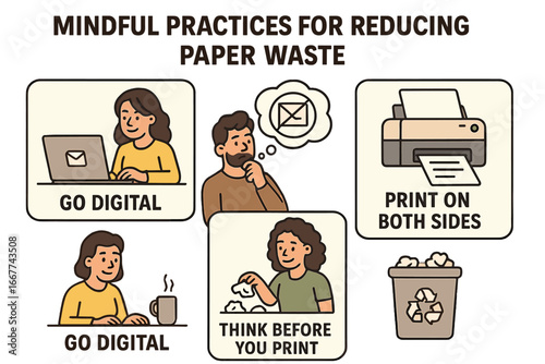 Reduce paper waste in office. Mindful, eco-friendly practices. Go digital, think before printing, duplex print. Sustainability, conservation. Vector cartoon infographic set.