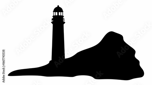 Silhouette of a lighthouse standing on a rocky outcrop against a white background at daytime view