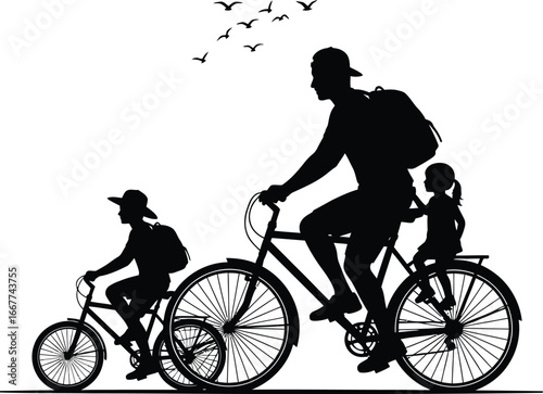 Silhouette of a father and his children riding bicycles together, , symbolizing family bonding, outdoor recreation, and a healthy lifestyle