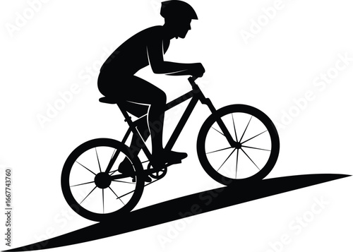 Silhouette of a cyclist riding a mountain bike uphill, a dynamic image showcasing outdoor activity, fitness, and thrill of extreme sports