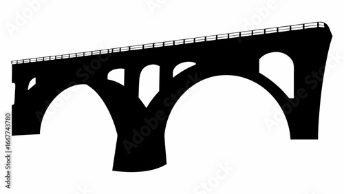 Silhouette of a long bridge with multiple arches and a railing on top against a white background