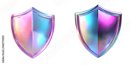 Sleek holographic 3D shield icon with a vibrant iridescent finish, symbolizing protection isolated on a transparent background