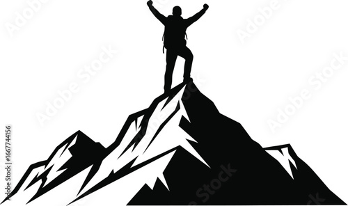 Silhouette of a triumphant hiker atop a mountain peak, symbolizing success, achievement, and spirit of adventure in great outdoors
