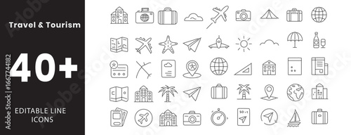 Travel and Tourism icon set.Containing airplane, luggage, passport, map, location pin, compass, beach, hotel, camera, ticket, tour, guide, cruise, globe, mountain, car rental, and more. Editable 