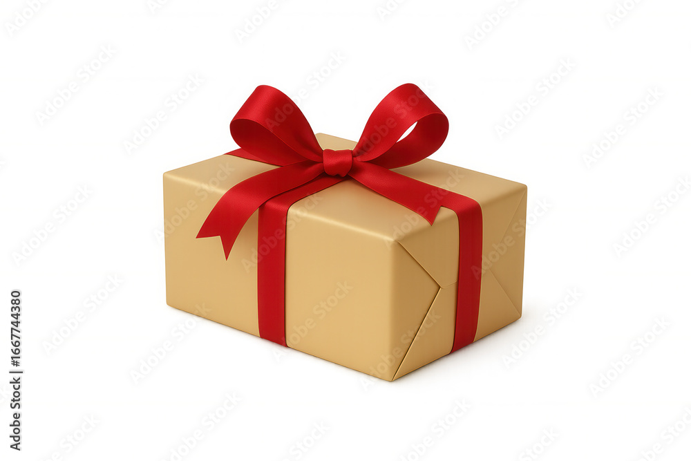 Fototapeta premium Festive gold gift box with a red ribbon, perfect for celebrations and special occasions, on a transparent background